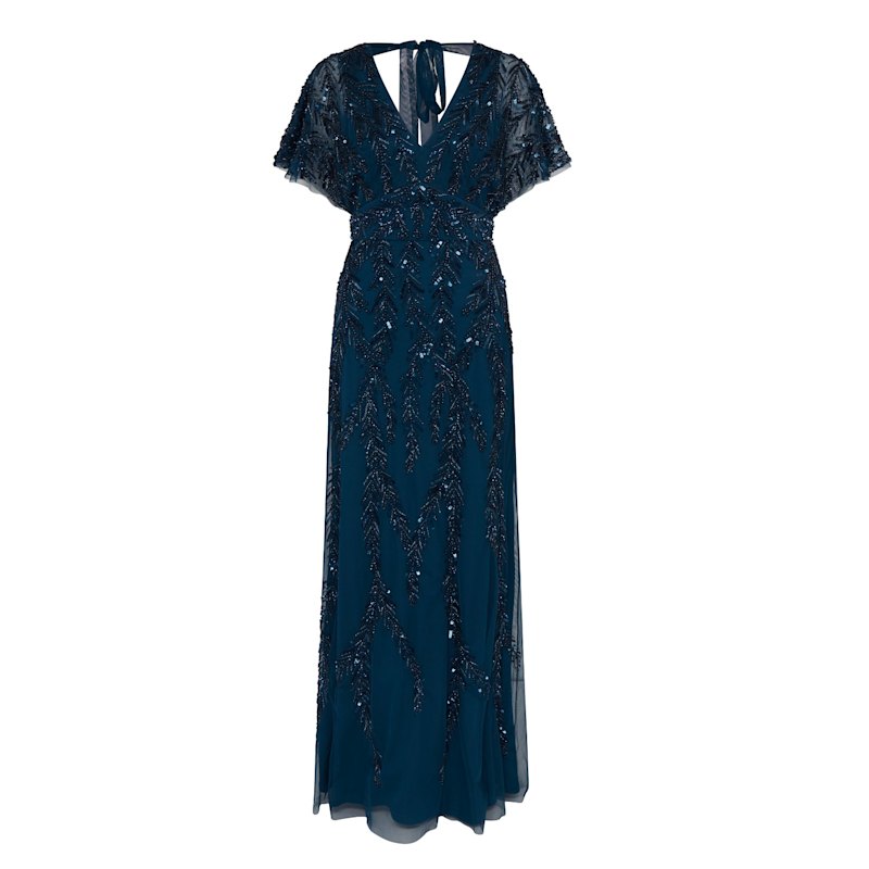 Thumbnail of Serenity A Flattering V Neckline, Tie Up Back, Cap Sleeve & All Over Hand Embellishments Blue Gown image