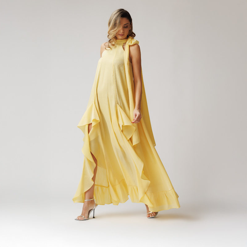 Set: Cascading Ruffle Dress And Cape - Pearl Yellow