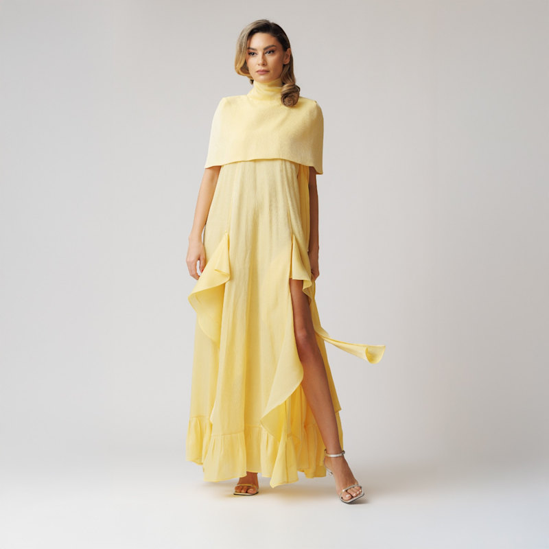 Set: Cascading Ruffle Dress And Cape - Pearl Yellow