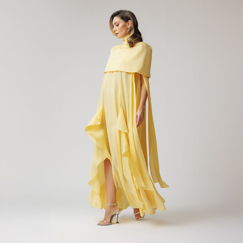 Set: Cascading Ruffle Dress And Cape - Pearl Yellow