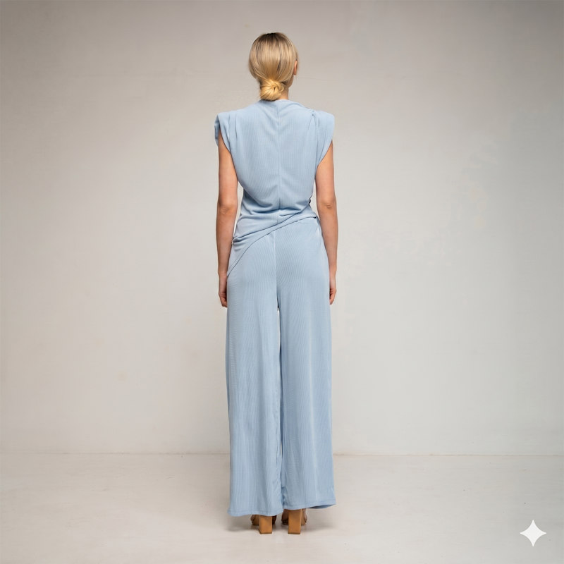 Thumbnail of Set Of Straight Trousers And Side Pockets. Short Sleeve Top With Asymmetrical Length Blue image