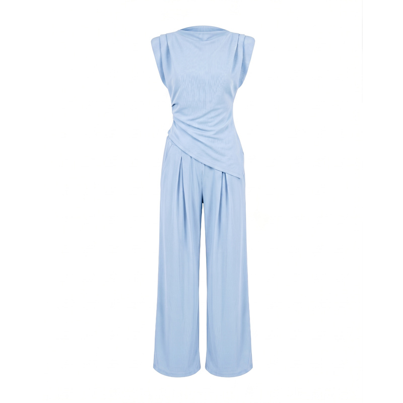 Thumbnail of Set Of Straight Trousers And Side Pockets. Short Sleeve Top With Asymmetrical Length Blue image