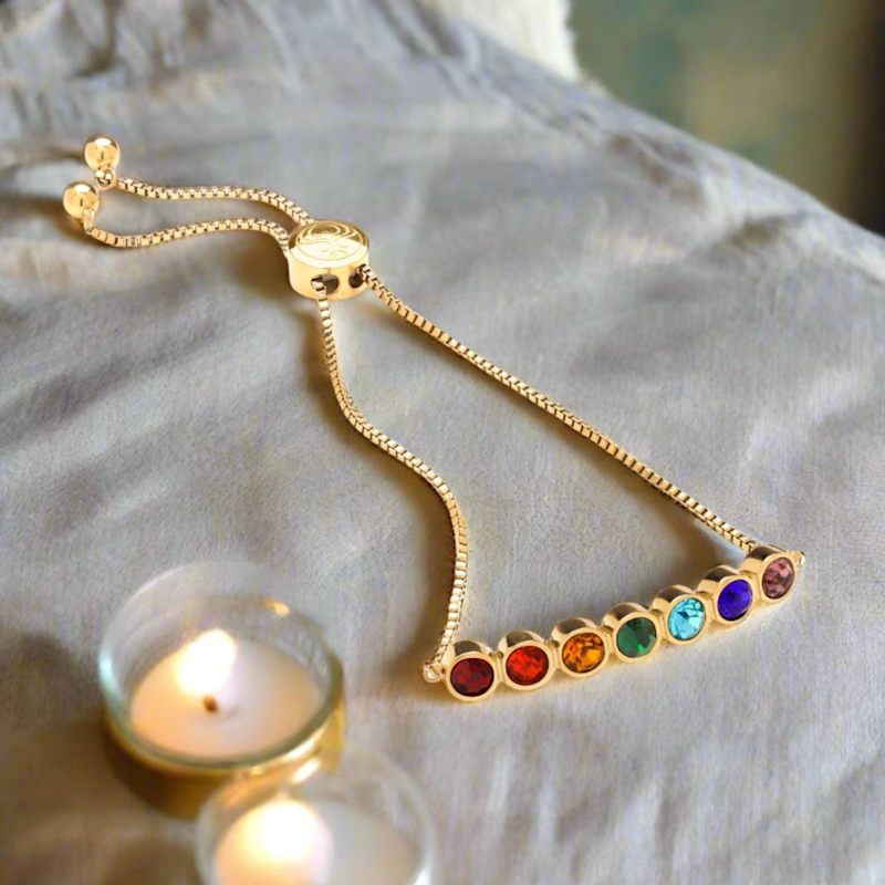 Thumbnail of Seven Chakras Healing Stone Adjustable Bracelet, Gold Over Stainless Steel image