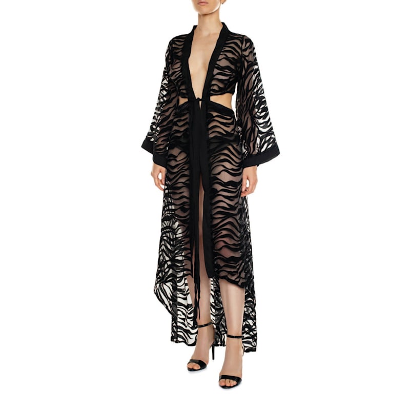 Women & Women Sheer Zebra Patterned Kimono Dress - Black