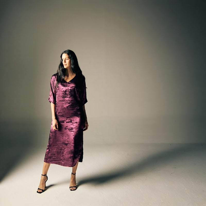 Thumbnail of Shadow Of Sequin Shimmer Long Kaftan Dress With Side Slit  - Magenta Purple Party Dress image