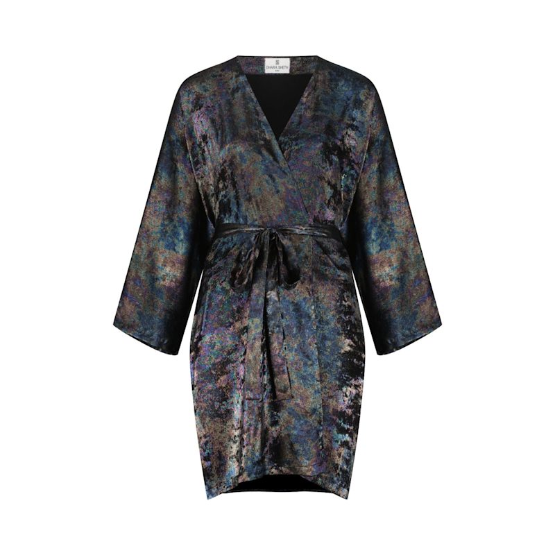 Thumbnail of Shadow Of Sequin Shimmer Short Kimono - Rainbow Black Party Cover Up image