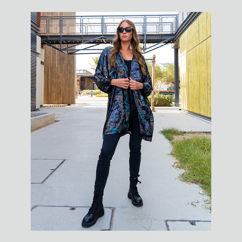 Thumbnail of Shadow Of Sequin Shimmer Short Kimono - Rainbow Black Party Cover Up image