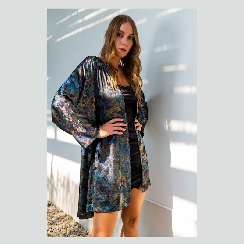 Thumbnail of Shadow Of Sequin Shimmer Short Kimono - Rainbow Black Party Cover Up image