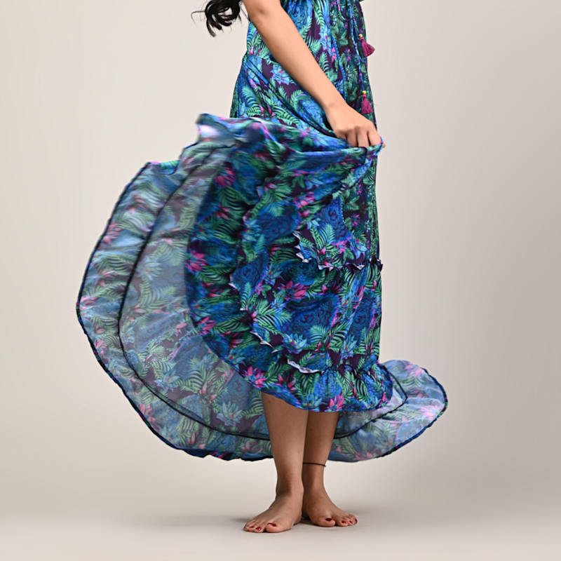 Dijo Clothing Sharman Silk Halter Dress In Tropical Anahata Print - Blue