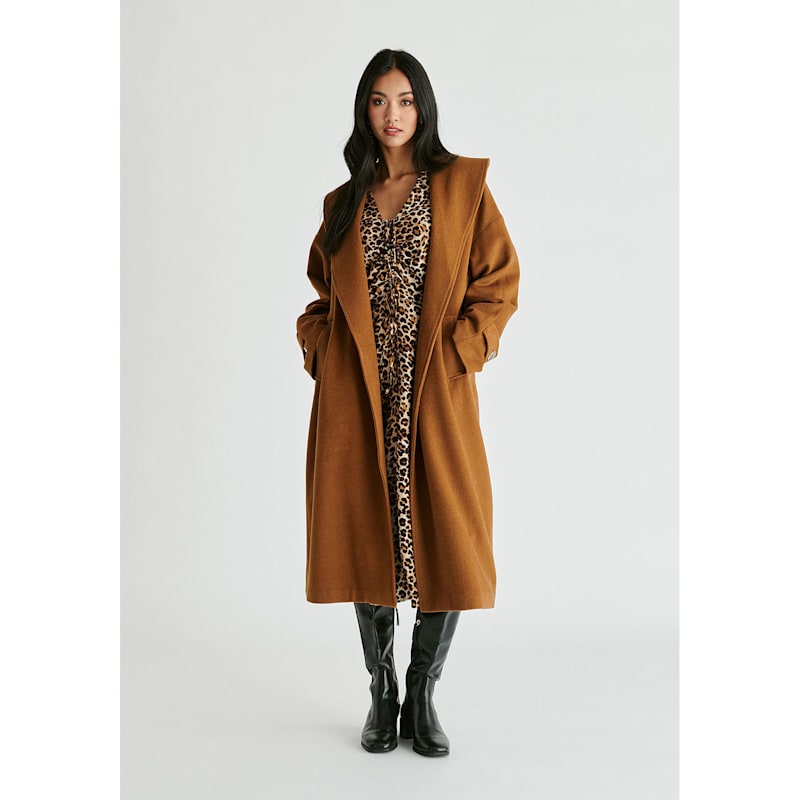 Shawl Collar Wool Coat With Belt In Camel | PAISIE | Wolf & Badger