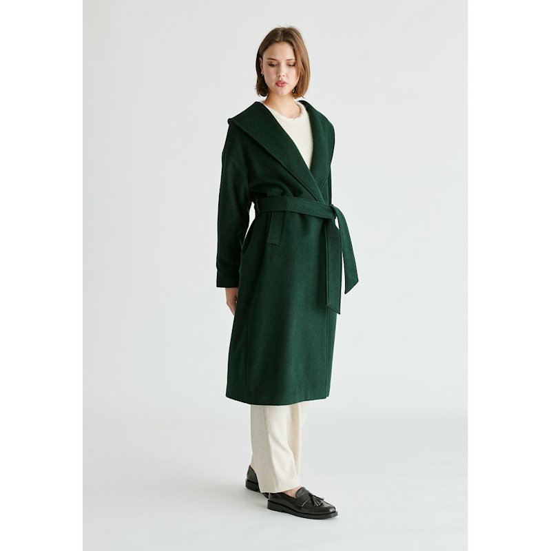 Thumbnail of Shawl Collar Wool Coat With Belt In Dark Green image