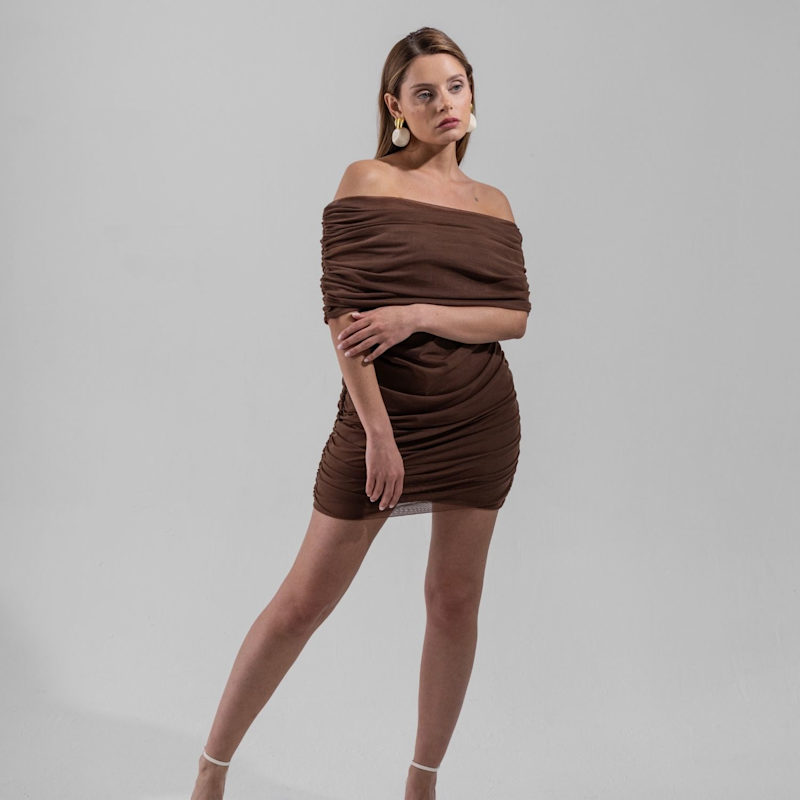 Thumbnail of Sheer Dress - Fitted Sheer-Look Mini Dress With Inner Lining - Mocha Muse image