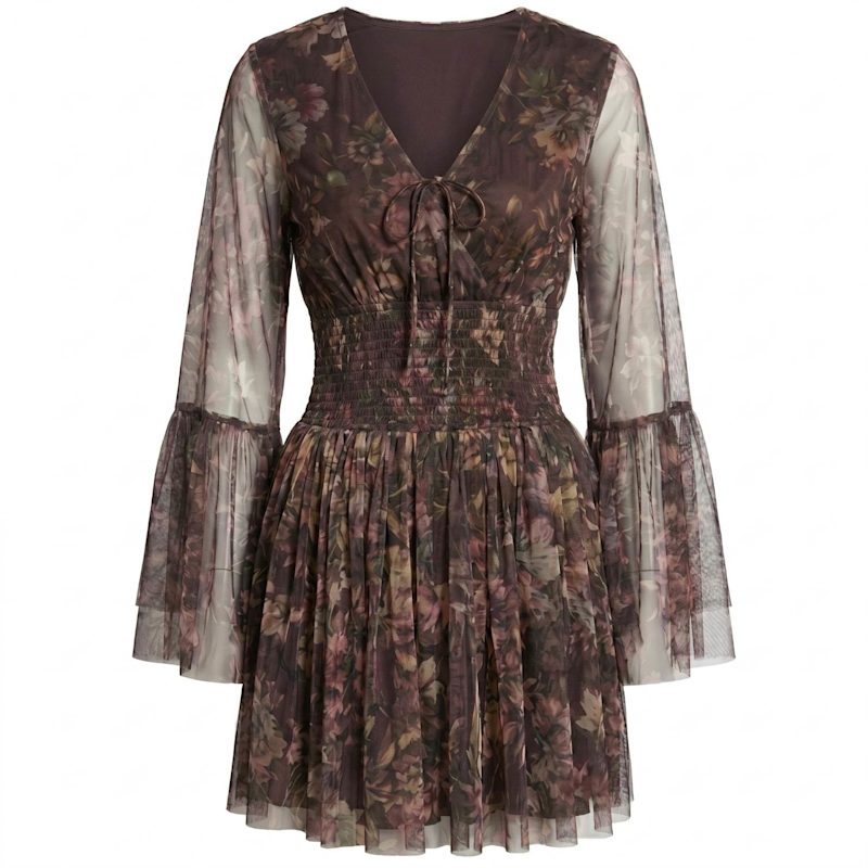 sheer floral midi dress Modenaire Women's Floral Long Sleeve Mini Dress with Smocked Waist and Flared Skirt - Brown