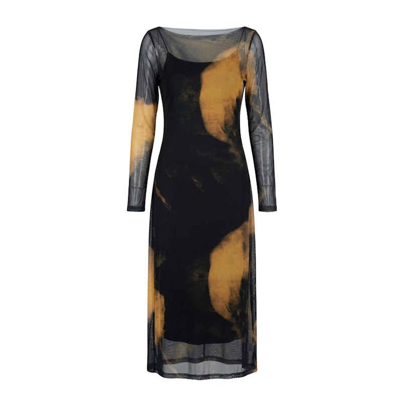 knee length dresses for ladies BLACK MESH NUDE UNDER TONED DRESS – Image Headquarters Boutique main image 1