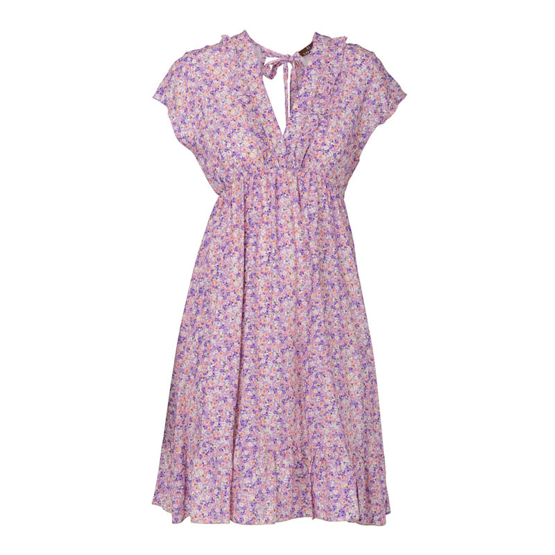 Thumbnail of Short Floral Print Dress With Ruffle Detail, Open Back Purple image