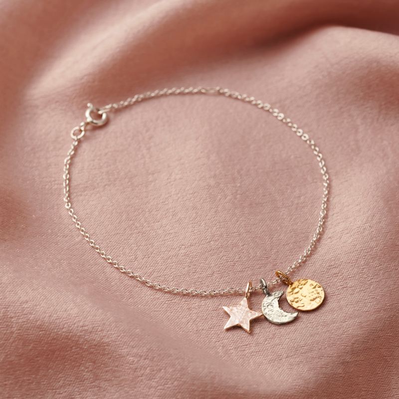 Thumbnail of Textured Mixed Gold Sun Moon & Star Bracelet image