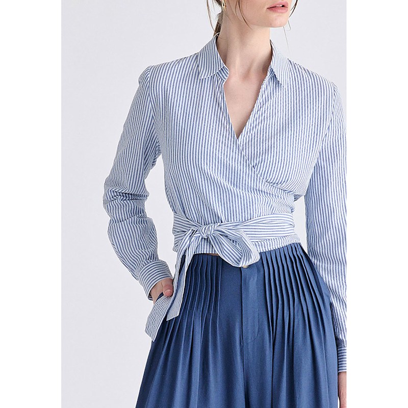 Thumbnail of Side Tie Wrap Blouse In Blue Stripes image