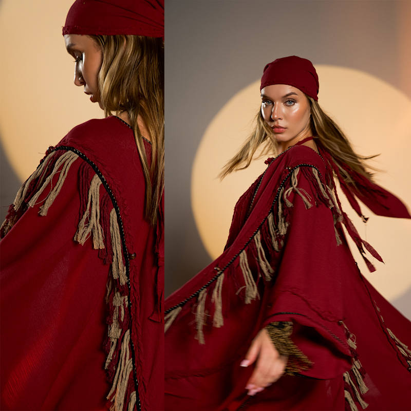 Thumbnail of Sidra Poncho Red - Boho Unisex Cape Kimono image