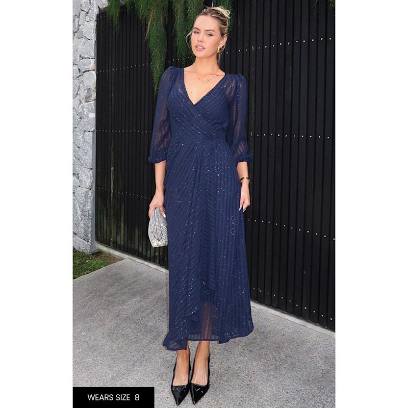 navy blue formal wrap dress Cute Navy Blue Dress - Wrap Midi Dress - Long Sleeve Wrap Dress