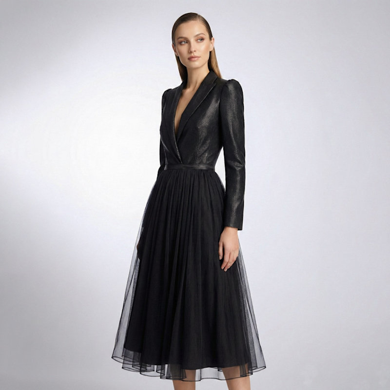 Silk V Neck Lapel Dress With Gathered Midi Skirt  Black | AVENUE N29 |  Wolf & Badger