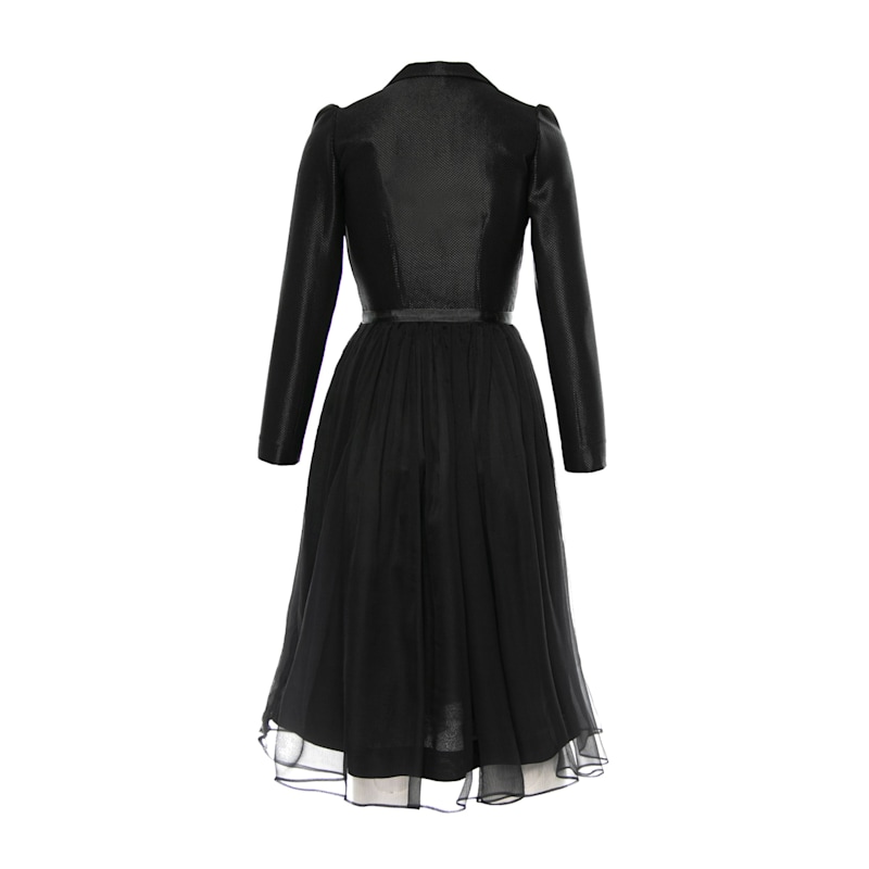 Women's Silk V Neck Lapel Dress with Gathered Midi Skirt  Black | Medium | Avenue N29
