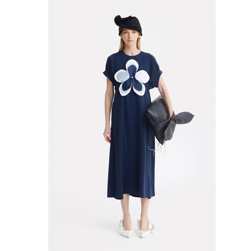 Thumbnail of Silky Touch Midi Dark Blue Dress With Handmade Floral Appliqué image