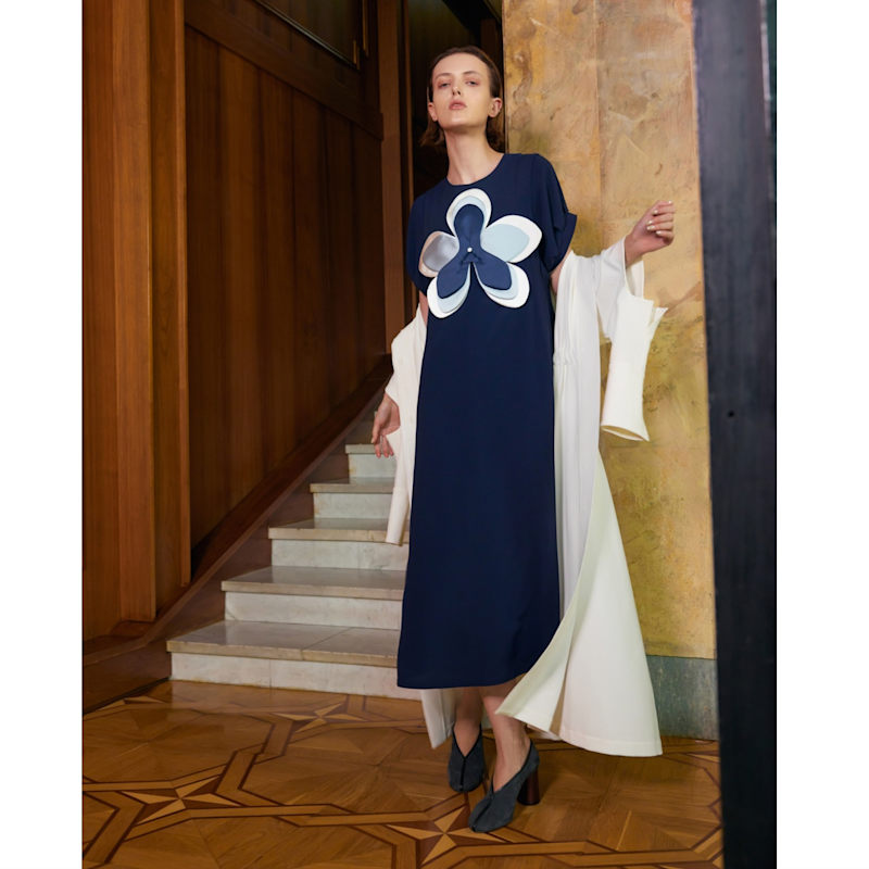 Thumbnail of Silky Touch Midi Dark Blue Dress With Handmade Floral Appliqué image
