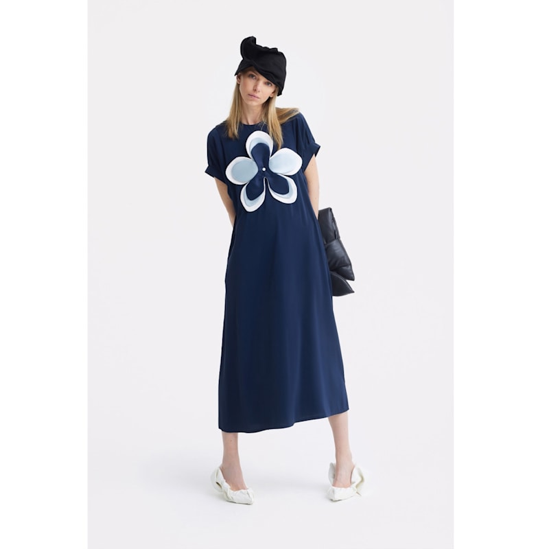 Thumbnail of Silky Touch Midi Dark Blue Dress With Handmade Floral Appliqué image