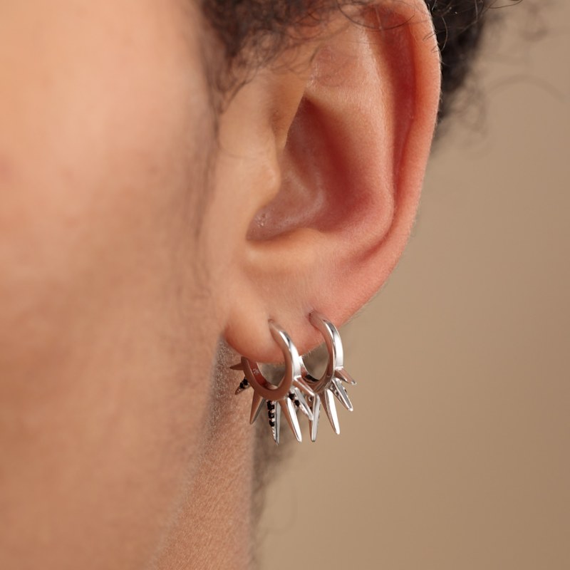 Thumbnail of Silver Black Sun Spike Hoop Earrings image