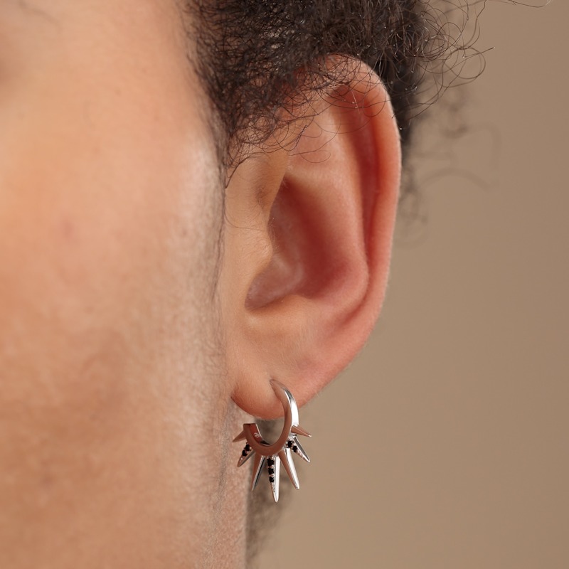 Thumbnail of Silver Black Sun Spike Hoop Earrings image