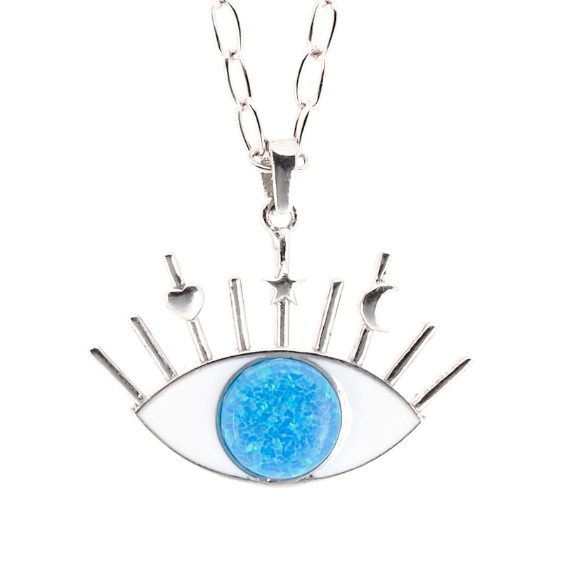 Thumbnail of Silver Blue Opal Evil Eye Pendant Necklace-Silver image