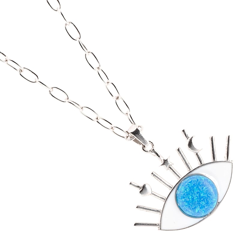 Thumbnail of Silver Blue Opal Evil Eye Pendant Necklace-Silver image