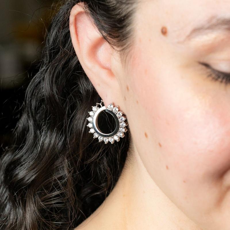 Thumbnail of Silver Gemstone Starburst Hoop Earrings image