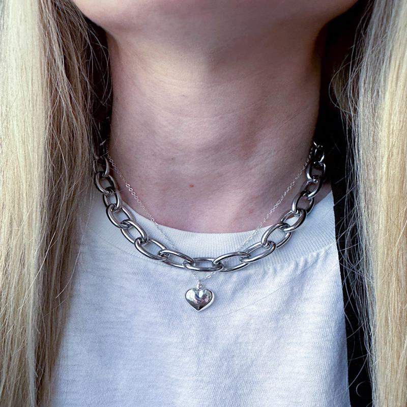 Thumbnail of Heart Charm Chunky Silver Necklace Set image