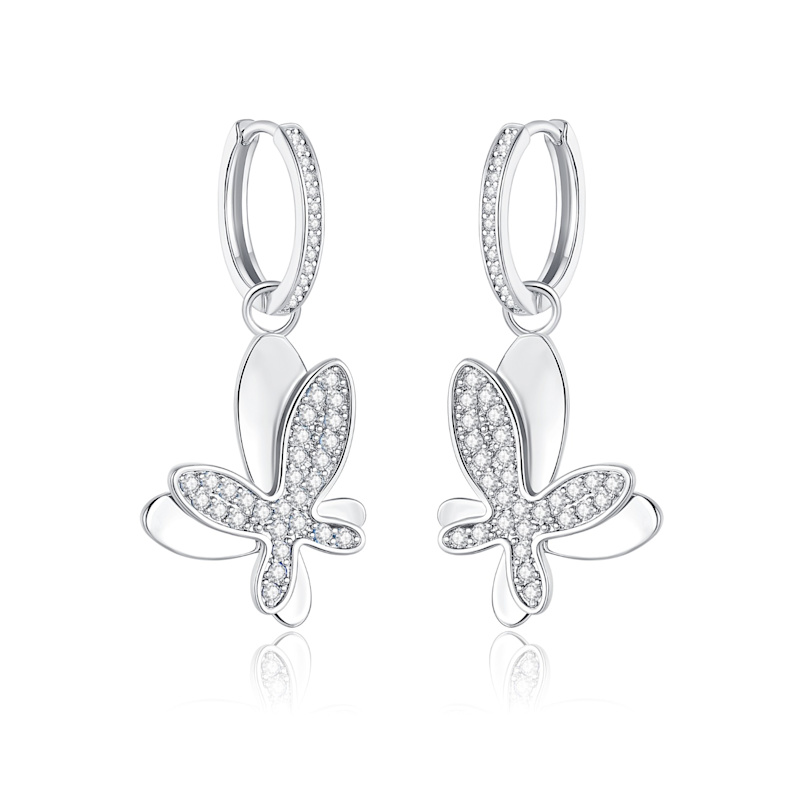 Thumbnail of Silver Pavé Diamond Butterfly Dangle Drop Hoop Earrings image