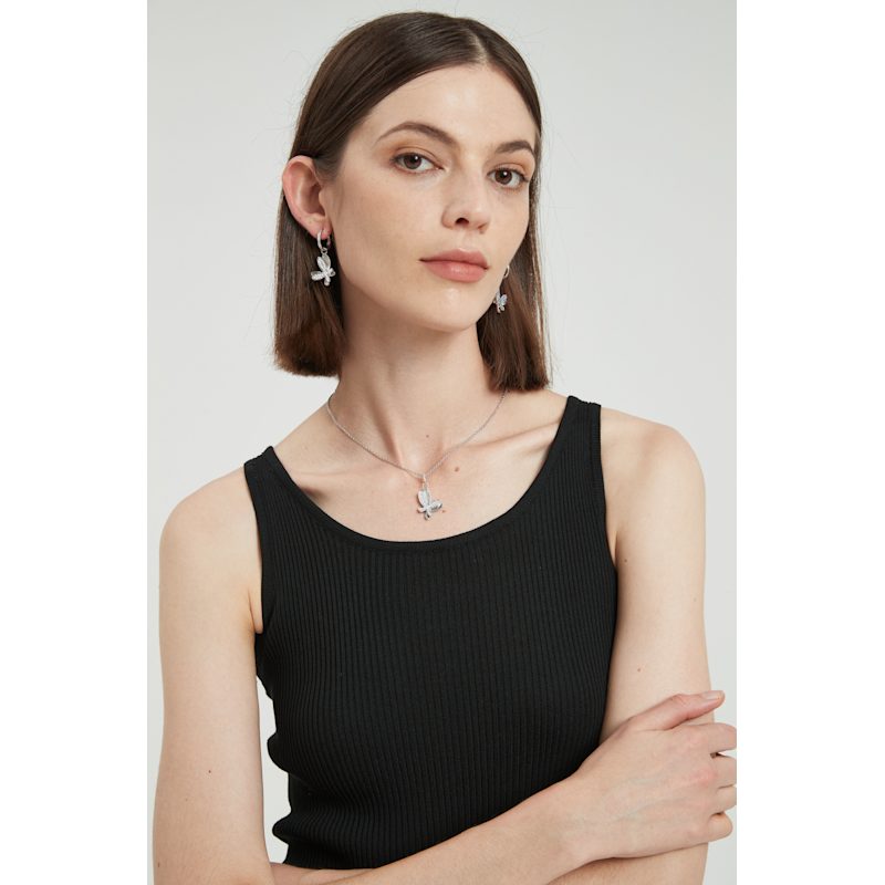 Thumbnail of Silver Pavé Diamond Butterfly Dangle Drop Hoop Earrings image