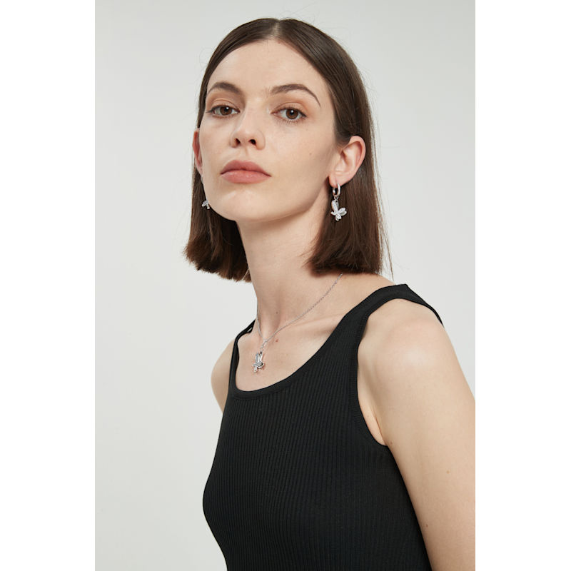 Thumbnail of Silver Pavé Diamond Butterfly Dangle Drop Hoop Earrings image