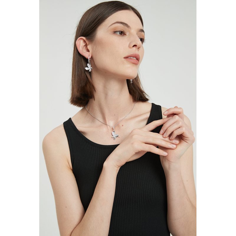 Thumbnail of Silver Pavé Diamond Butterfly Dangle Drop Hoop Earrings image