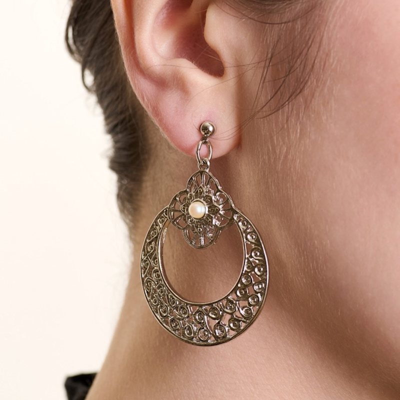 Thumbnail of Silver Pearl Filigree Hoop Earrings image