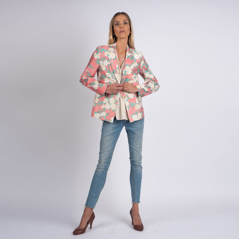 Tailored Single Breasted Silk Blazer In Pink In Floral Blooms