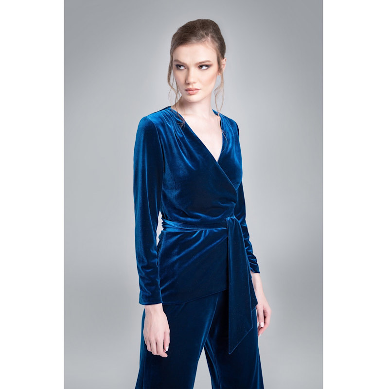 Thumbnail of Evelyn Velvet Wrap Jacket With Self-Tie Sash In Royal Blue image