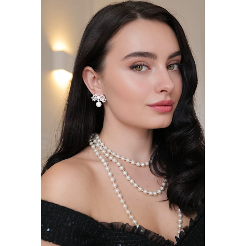Thumbnail of Sissi Bow & Pearl Drop Silver Earrings image