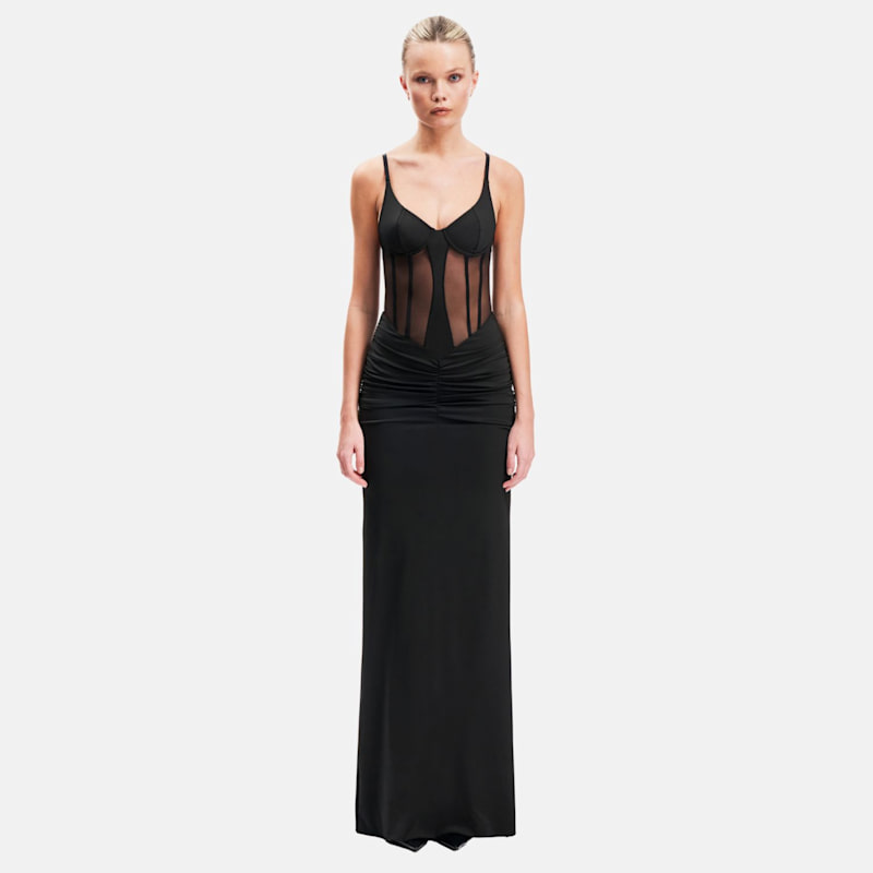 mesh corset maxi dress Sivara Black | OW Collection formal dresses 2026 and sheer sleeves Lioness Elements high sheen Ruched dress Color:Bronze Multi