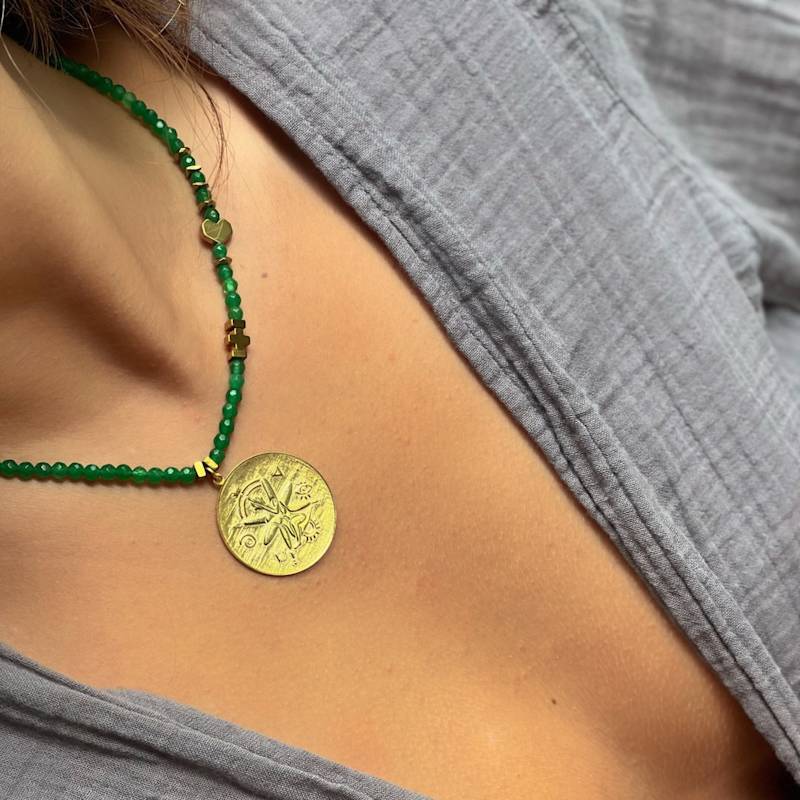 Thumbnail of Green Jade Stone Spiritual Soul Gold Medallion Pendant Necklace - Green image