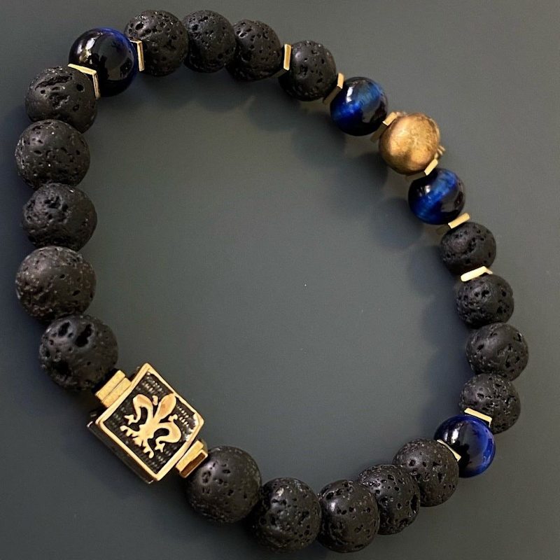 Thumbnail of Skull Charm Fleur De Lis Symbol Black Beaded Bracelet - Blue image