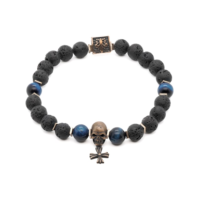 Thumbnail of Skull Charm Fleur De Lis Symbol Black Beaded Bracelet - Blue image