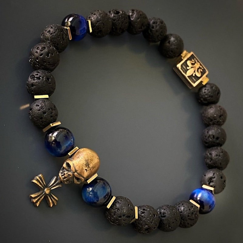 Thumbnail of Skull Charm Fleur De Lis Symbol Black Beaded Bracelet - Blue image