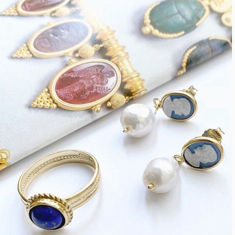 Thumbnail of Sky Blue Mini Cameo & Pearl Drop Earrings image