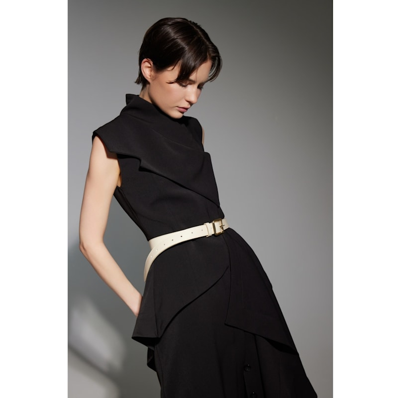 Thumbnail of Sleeveless Button-Front Draped Midi Dress - Black image