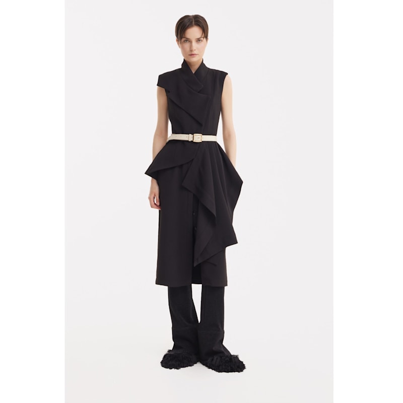 Thumbnail of Sleeveless Button-Front Draped Midi Dress - Black image